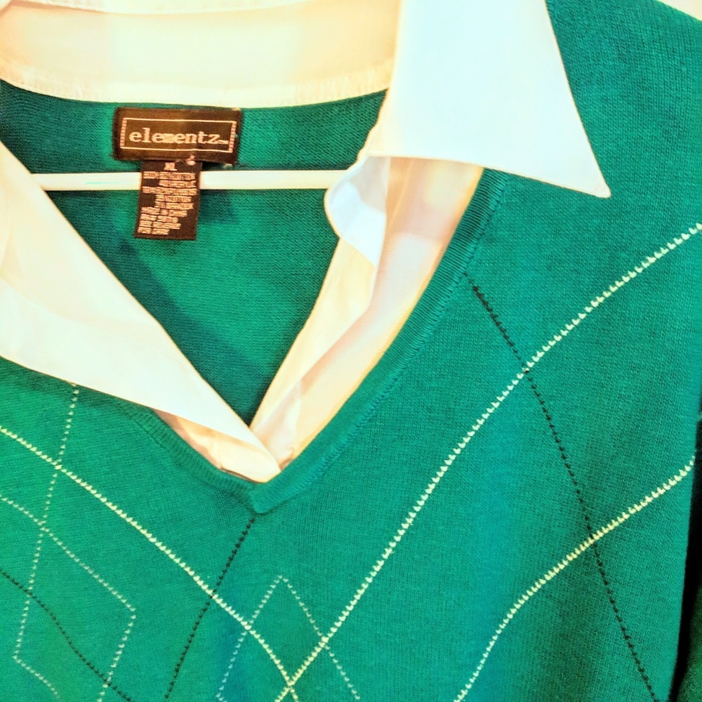 Elementz Twin Top Teal Argyle White Blouse XL